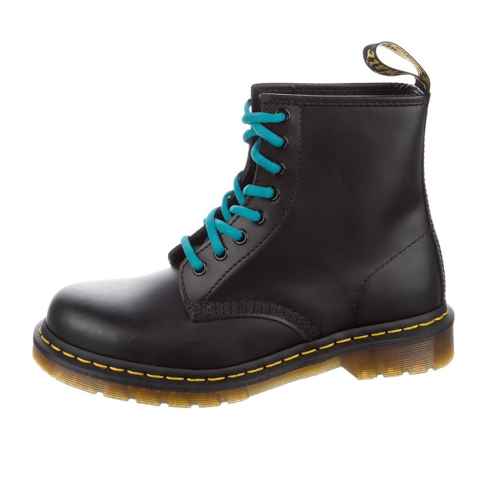 Dr Martens Black Leather Boots with Blue Laces